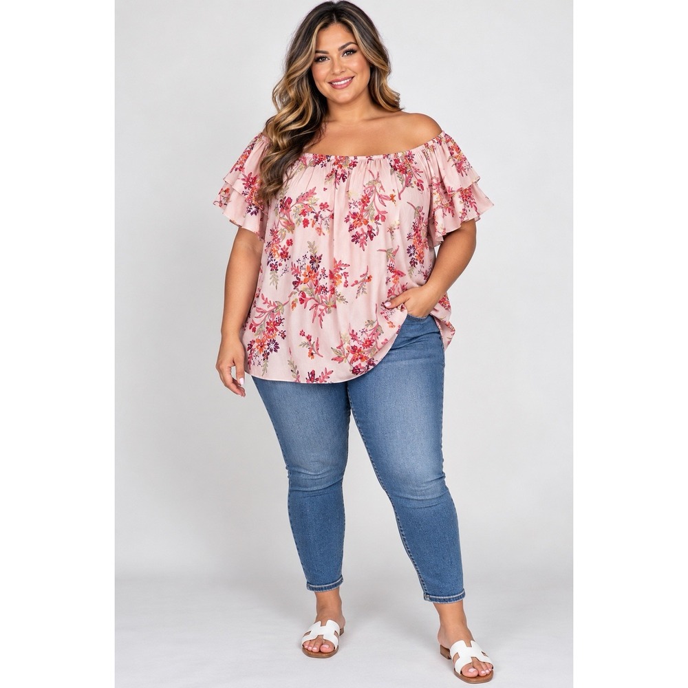Terra & Sky 3X 24W 26W Pink Floral Off Shoulder Flutter Sleeve Blouse Plus